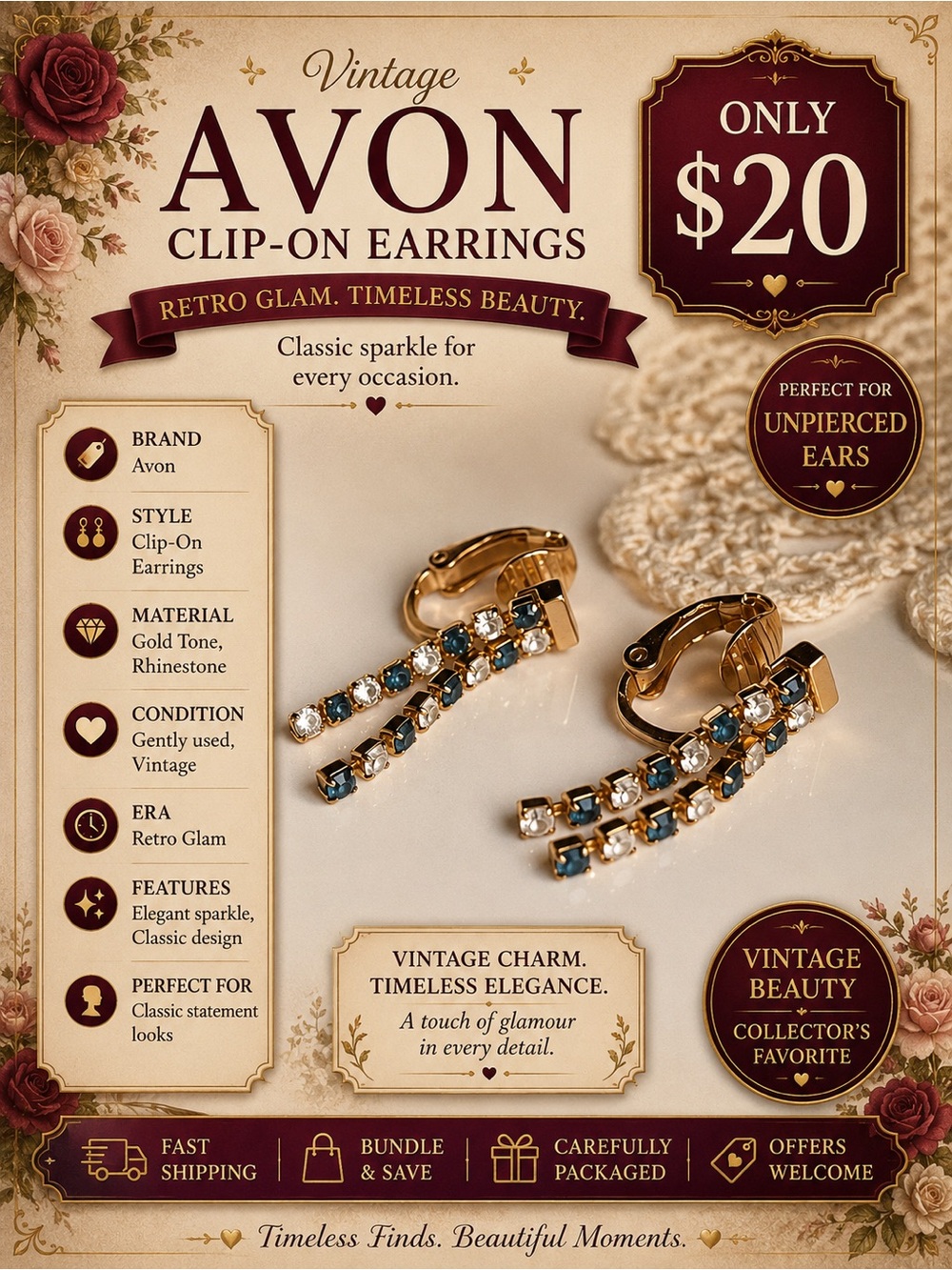 Vintage Avon Rhinestone Jewelry Classic Clip-On Earrings